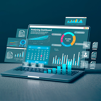 Stock computer photo with floating analytics