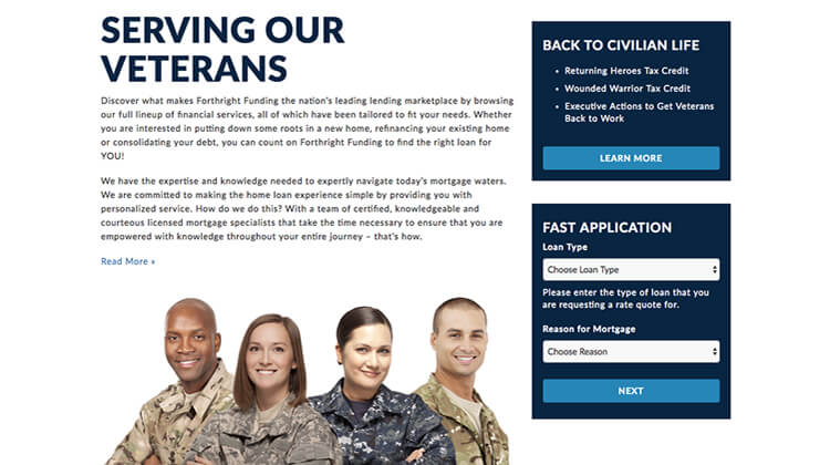 snapshot of website with smiling veterans
