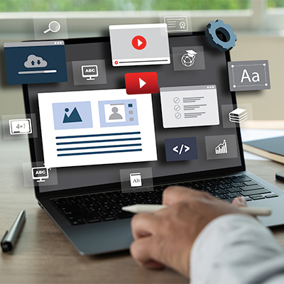 Stock photo with floating software above computer screen