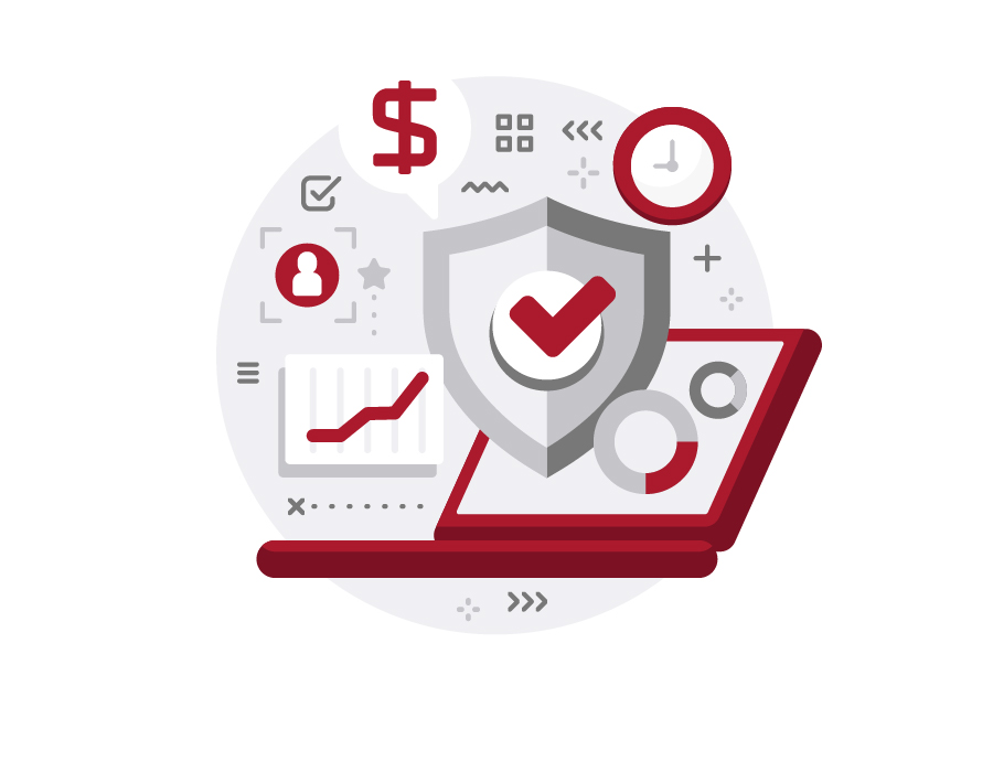 Illustration of charts, security, money