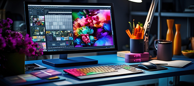 Computer screen displaying graphic design software representing FabCom’s creative design services.