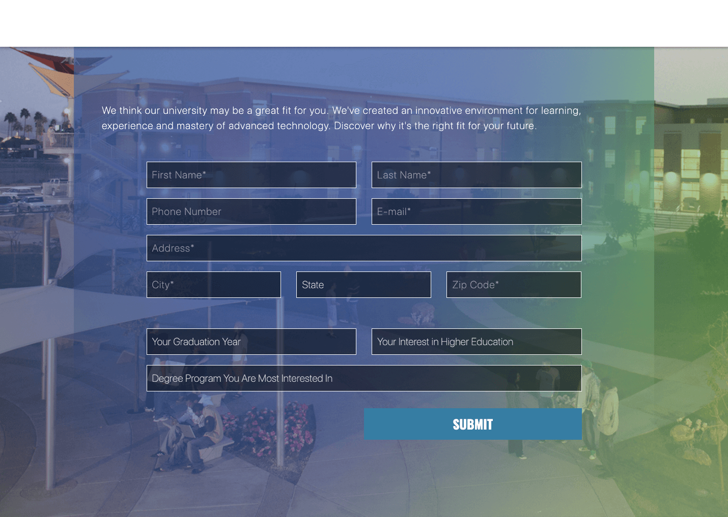 Screenshot of landing page with data fields.