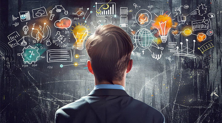 Person looking at cartoon drawings symbolizing marketing ideas