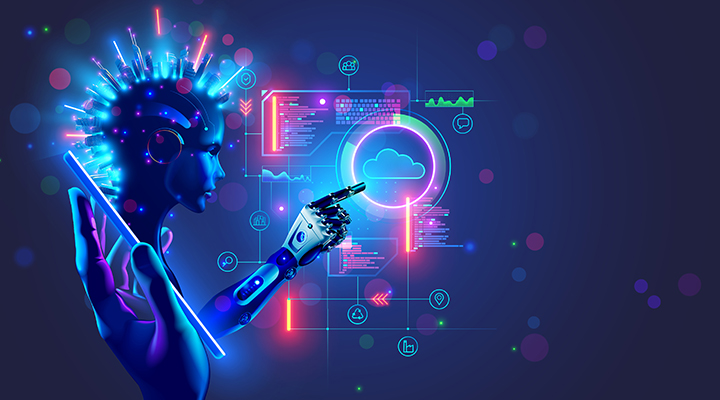 Stock photo of ai robot touching the cloud