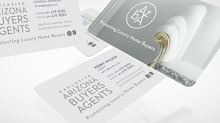 AZBA Business Cards created by FabCom Integrated Strategic Marketing featuring a luxury white chair, the AZBA logo, and phrase 
