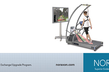 Zoom in capture of biomechanics company ad created by FabCom featuring athlete utilizing biomechanical sensors while walking on a treadmill.