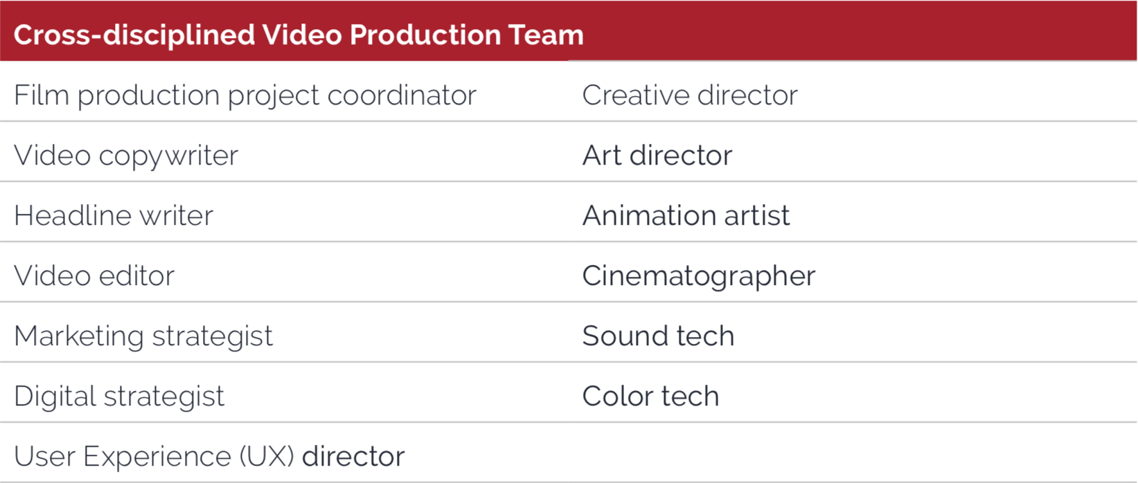 cross-disciplined video production team