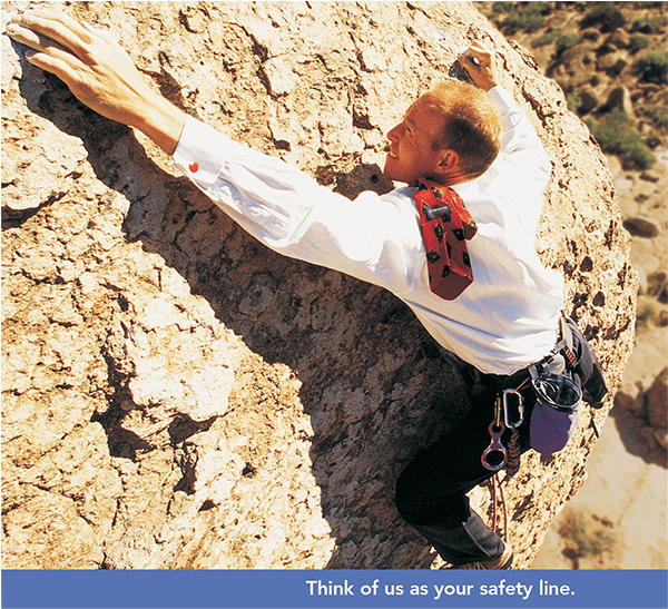 Marketing strategy work of man hanging from a cliff