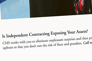 Close up image showing design detail of a print ad created by FabCom for a Contractor Management company featuring ad text detailing how independent contracting can expose assets.
