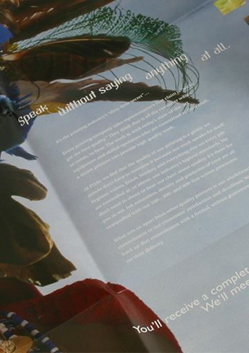 Zoomed in image showing design detail of the informational text printed in the corporate brochure that FabCom designed for a commercial printer.