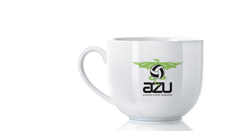 High-resolution image of a white mug with the Arizonia United Volleyball logo shown on the side.