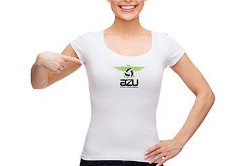 A women pointing at her white t-shirt that has the logo of Arizona United Volleyball.