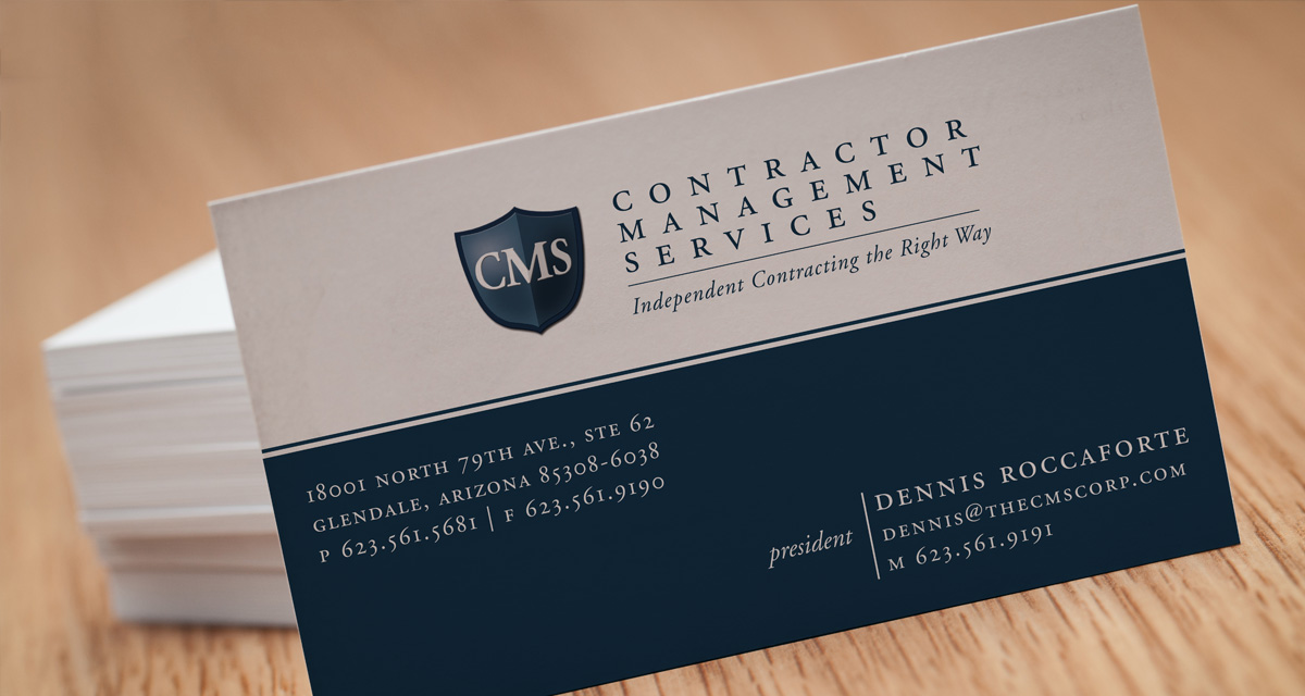 Close-up image showing design detail of the company address printed on a business card that FabCom created for a contractor management service provider.