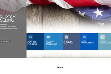 Webpage header for a debt counseling company website that shows a bundled up american flag with a wood board background that was developed by FabCom