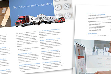 FabCom's sales enablement materials featuring a delivery company's fleet of vehicles, from semi-trucks to subcompact cars.