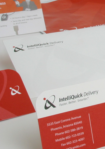 Business cards and stationery pieces that FabCom developed as part of the corporate identify for a delivery solutions provider.