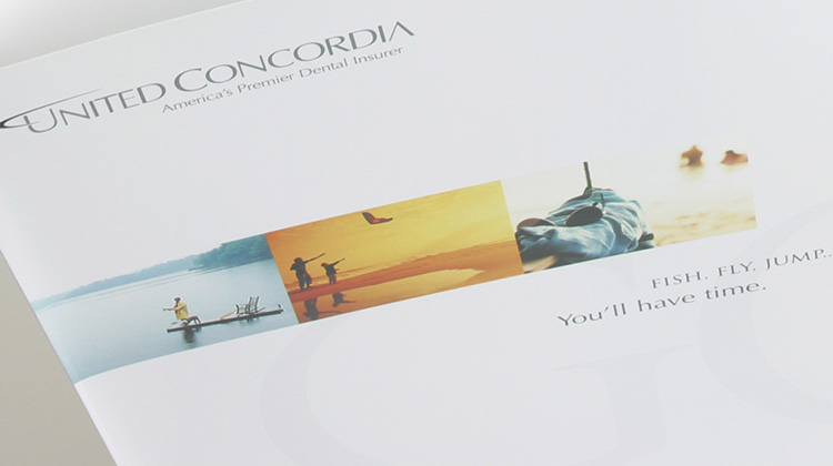 FabCom's dental insurance brochure encouraging clients to fish, fly, or jump with accompanying images without worry.