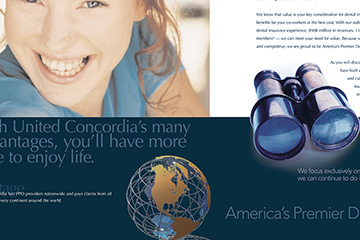FabCom's dental insurance brochure encouraging clients to fish, fly, or jump with accompanying images without worry.