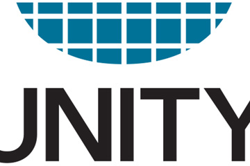 High-resolution zoomed in view of a brand logo developed by FabCom that shows the details of the blue and black logo.