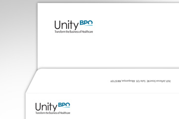 Envelope and Letterhead designed by FabCom for a health industry technology company that displays the company's logo in the top left corner on each one.