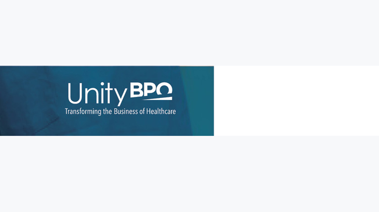 Logo for health industry technology company developed by FabCom written in white with a blue background.