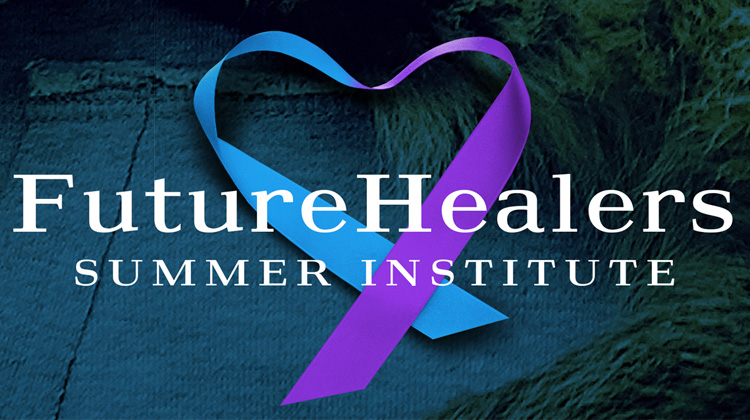 A bright blue and purple ribbon in the shape of a heart symbolizes matching mentors with future healers in this image promoting the health sciences university summer institute.