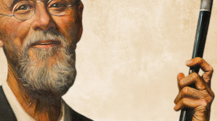 Zoomed in image of the home page of the website FabCom created for the museum of a health sciences university. Image features a painting of the founder of osteopathic medicine.