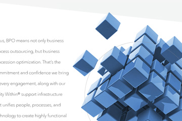 Close up image showing the intricate detail and quality of a page within the corporate brochure that FabCom created for a healthcare IT company. Page features text alongside a blue rubix-like cube.