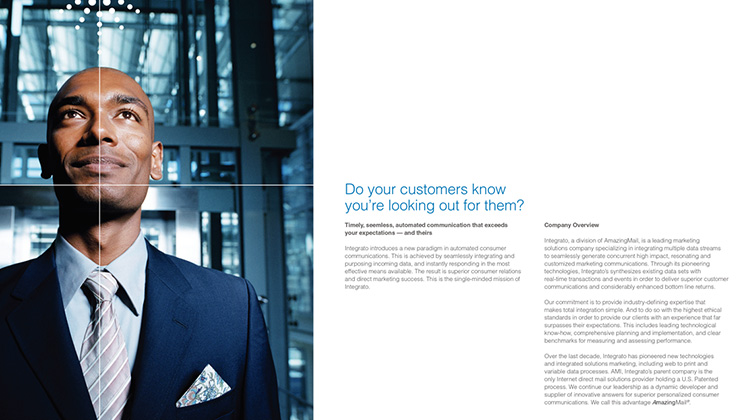 A page of the Integrato Introductory Corporate Brochure that has a business man looking straight ahead and information about the company.