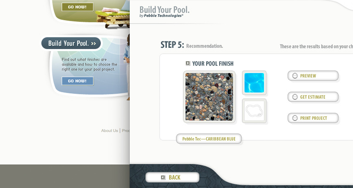 Webpages within a microsite FabCom developed. Pages allow users to interactively build a digital pool in order to showcase the company's product offerings.