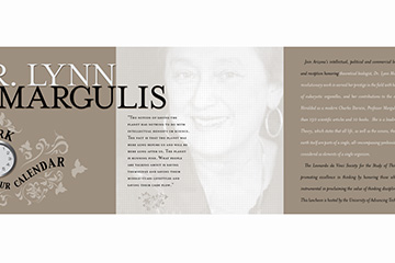 Event invitation that FabCom designed is shown with event information and an image of Dr. Lynn Margulis.