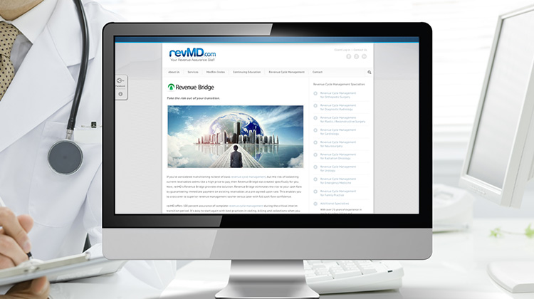 Image of a desktop computer displaying revMD.com website page developed by FabCom Integrated Strategic Marketing.