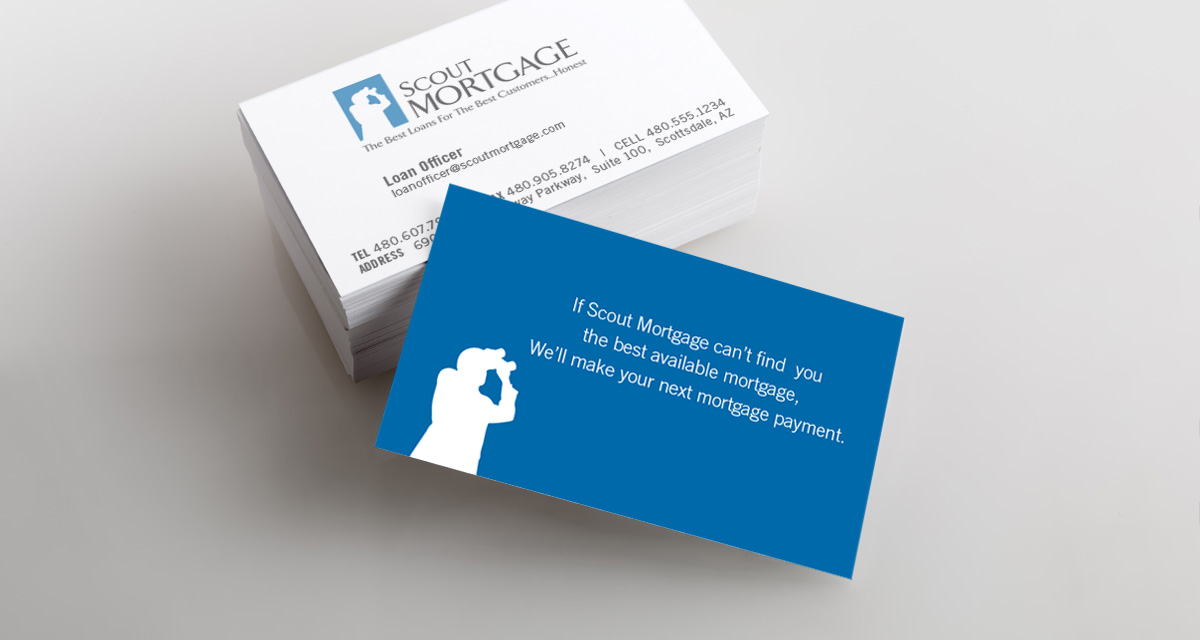 Business cards developed by FabCom for a mortgage company that are blue adn white with a siloutte of a man holding binoculars looking in the distance.