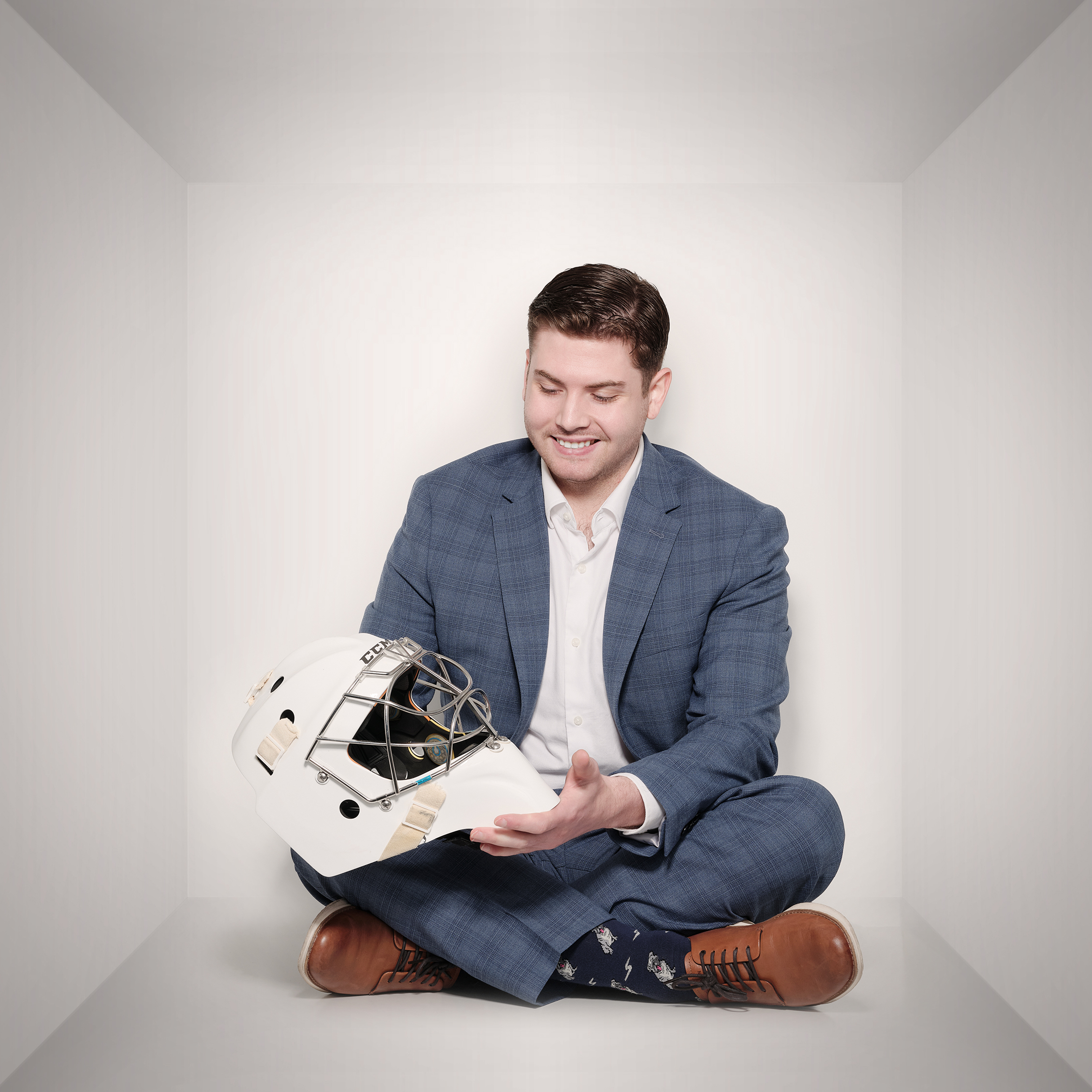 Nick with a goalie helmet