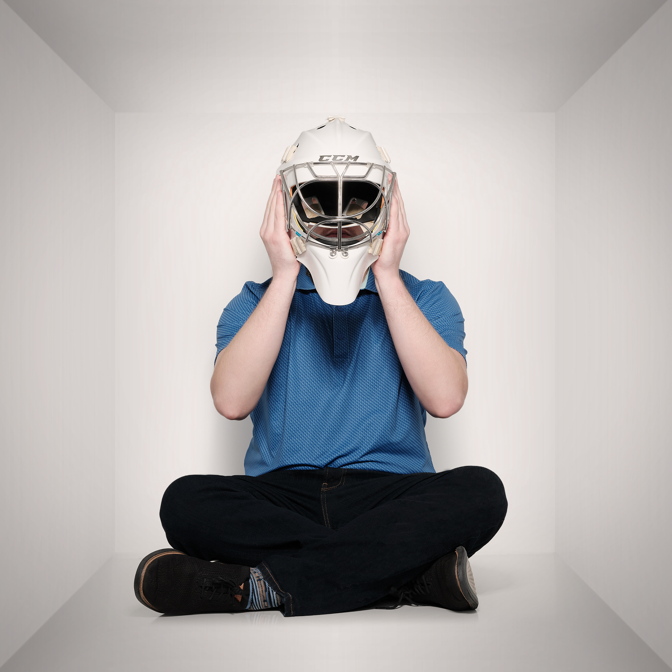 Nick with a goalie helmet