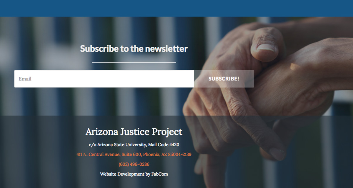 Zoomed in image of the website home page FabCom developed for a non-profit justice organization, showcasing area for newsletter subscription.
