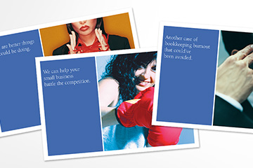 Pile of three images overlapping each other by FabCom for a direct mail series campaign that display the client as a problem solving partner. 