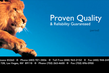 High-resolution zoomed-in image showing intricate detail of a web page FabCom developed. Page features a leaping lion alongside quality guarantee text and business information.