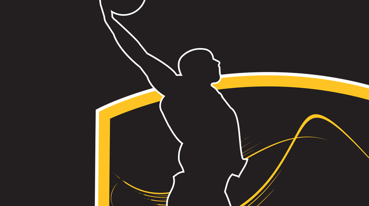 FabCom designed a pro basketball team logo featuring silhouette of dunking player set on a shield backdrop.