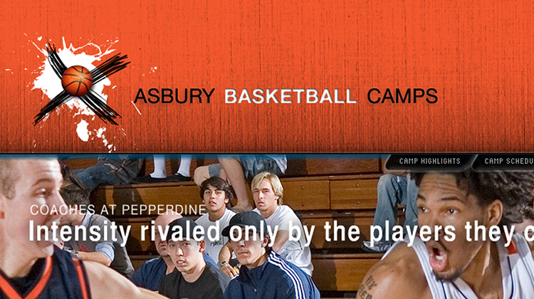 High quality image by FabCom of a basketball camp website that has two people playing basketball with a crowd in the bleachers watching.