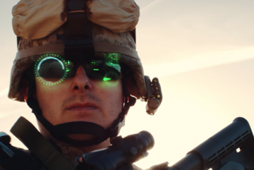 Close up of military individual wearing futuristic glasses.