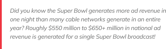 Did you know the Super Bowl generates more ad revenue in one night than many cable networks generate in an entire year? Roughly $550 million to $650+ million in national ad revenue is generated for a single Super Bowl broadcast! 