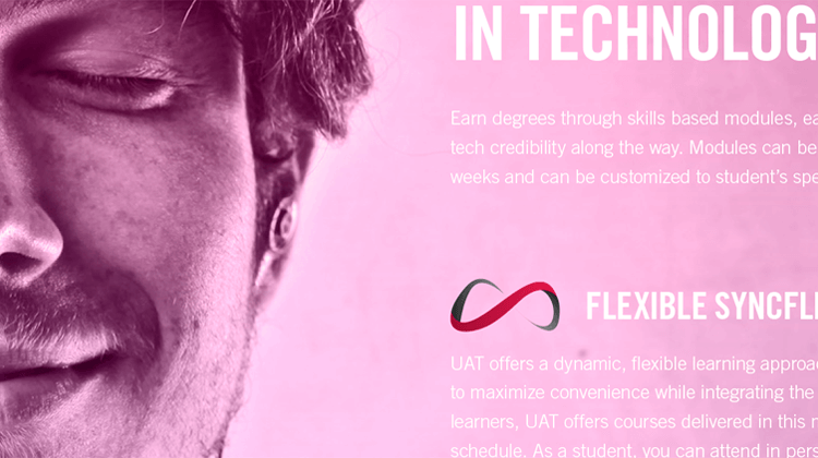 Close up image showing design detail of pages in the Online Majors Brochure created by FabCom for the University of Advancing Technology.