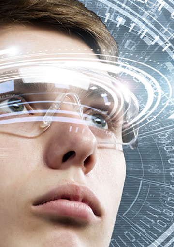 High-resolution zoomed in image of an interactive HTML that FabCom developed for a technology university's lead generation campaign. Image features an young man with clear science glasses on.