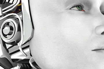 High-resolution zoomed in image of an interactive HTML that FabCom developed for a technology university's lead generation campaign. Image features the side profile of a robotic face.