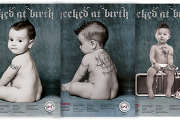 Images of a geeked at birth campaign that has three different shots of a baby with tattoos and a mohawk.