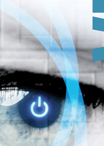 FabCom designed event promotion materials for a university's tech conference with this high-resolution eye featuring a power button icon embedded in the iris.
