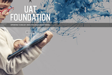 A young scientist in red-rimmed glasses interacting and learning with iPad is the backdrop to this foundation webpage.