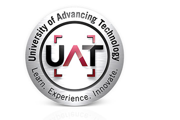 FabCom's 2D rendering of 3D tech university logo design featuring a red-blue-black-gray color scheme.