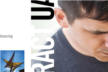 FabCom's direct mail student recruitment campaign design includes this image of a young man in a navy blue shirt intently concentrating on his video production.